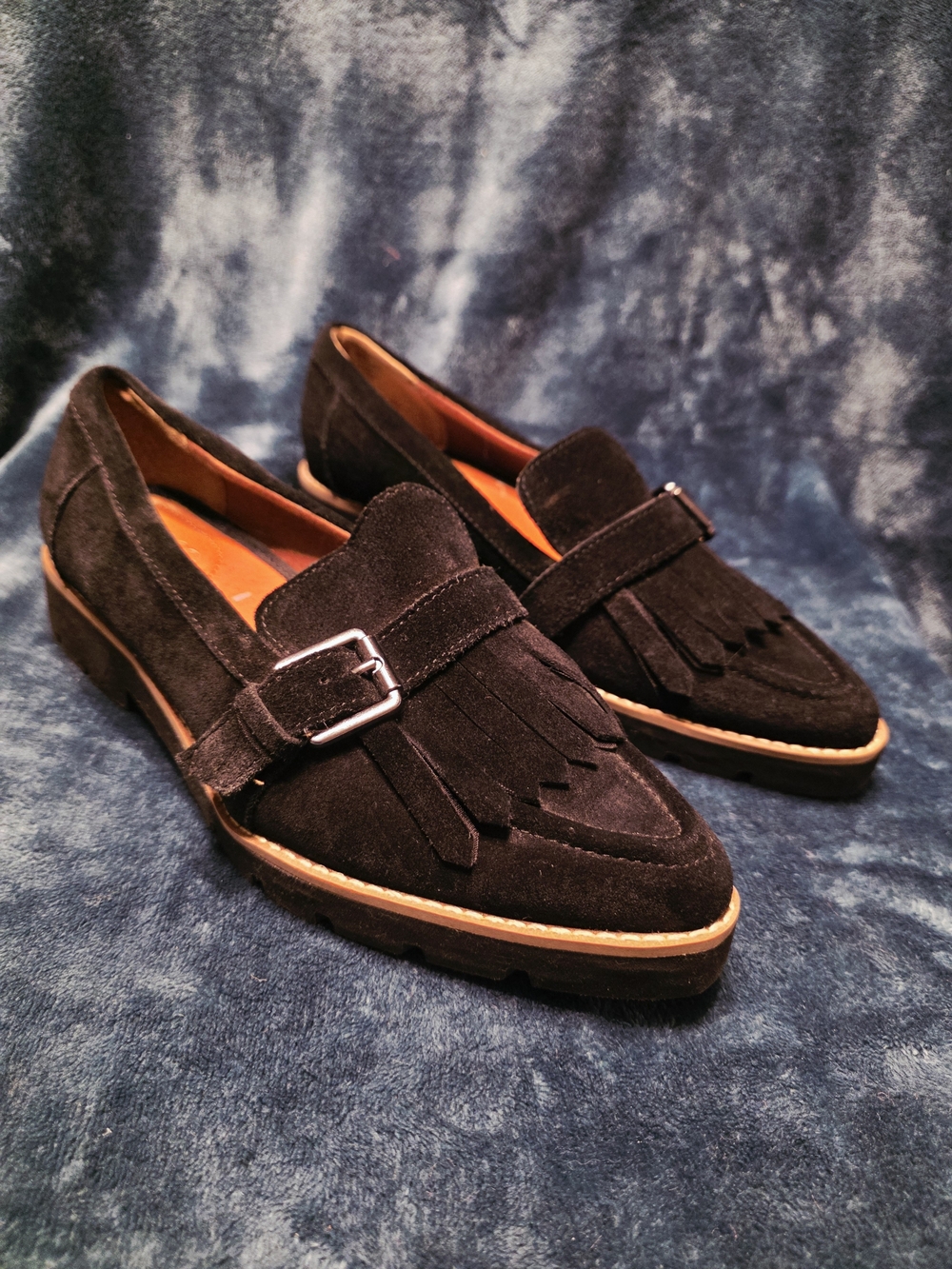 Black Suede Fringe Buckle Loafers for Women